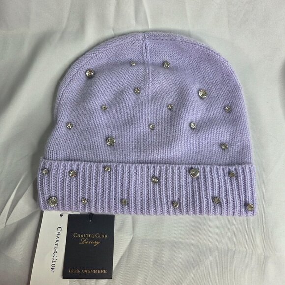 NWT Charter Club Women\'s Cashmere Crystal Embellished Orchid Hat OS